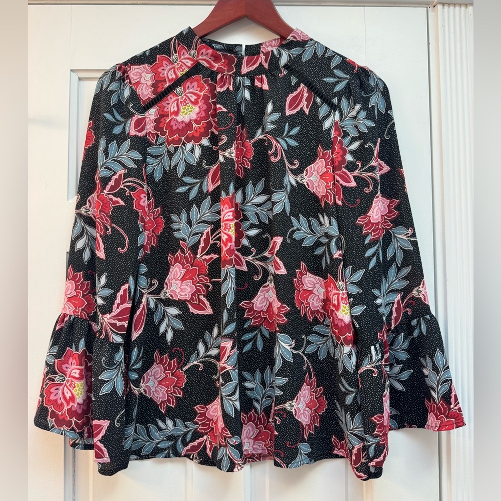 LOFT Black Blouse with Red Floral Pattern